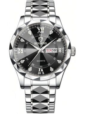 Unisex Silver&Black Analog Stainless Steel Roman Numeral Diamond Luxury Watch